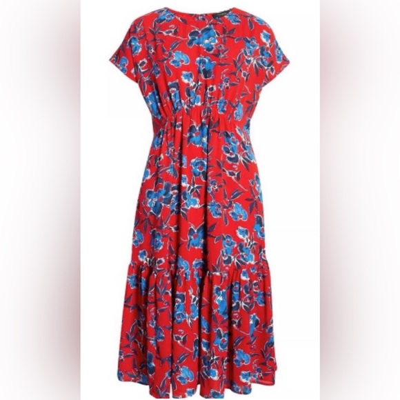 Halogen Dresses & Skirts - NWT Halogen Midi Dress Floral Size Medium Red Crepe Chiffon Tiered Stretch Waist
